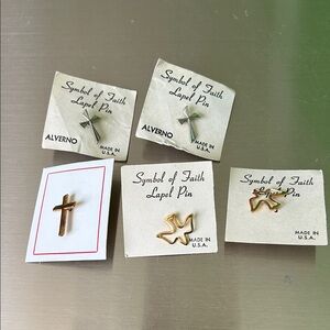 5 Symbol of Faith" lapel pins religious designs  crosses dove Sliver/ Gold tone